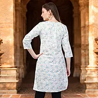 Women's Cotton Floral Print Kurti, 3/4 Sleeve, White with Blue Flowers