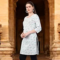 Women's Cotton Floral Print Kurti, 3/4 Sleeve, White with Blue Flowers