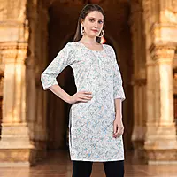 Women's Cotton Floral Print Kurti, 3/4 Sleeve, White with Blue Flowers