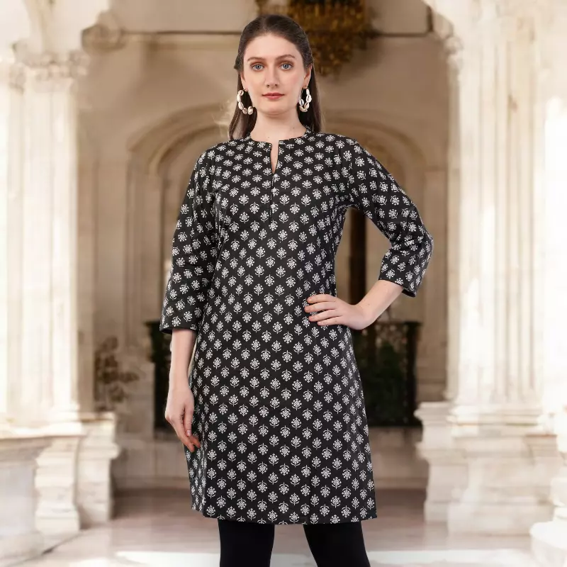 Women's Printed Cotton Kurti, 3/4 Sleeve, Black and White Floral Pattern, Casual Wear