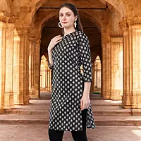 Women's Printed Cotton Kurti, 3/4 Sleeve, Black and White Floral Pattern, Casual Wear