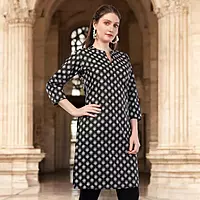 Women's Printed Cotton Kurti, 3/4 Sleeve, Black and White Floral Pattern, Casual Wear