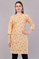 Women's Cotton Kurti, 3/4 Sleeve, Yellow Floral Print, Casual Wear