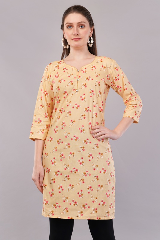 Women's Cotton Kurti, 3/4 Sleeve, Yellow Floral Print, Casual Wear