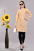 Women's Cotton Kurti, 3/4 Sleeve, Yellow Floral Print, Casual Wear