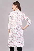 Women's Floral Print Cotton Kurti, 3/4 Sleeves, White with Pink Flowers