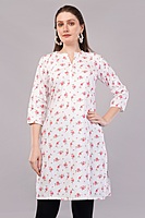 Women's Floral Print Cotton Kurti, 3/4 Sleeves, White with Pink Flowers