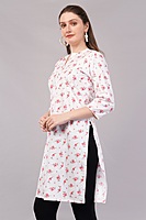 Women's Floral Print Cotton Kurti, 3/4 Sleeves, White with Pink Flowers