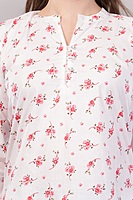 Women's Floral Print Cotton Kurti, 3/4 Sleeves, White with Pink Flowers