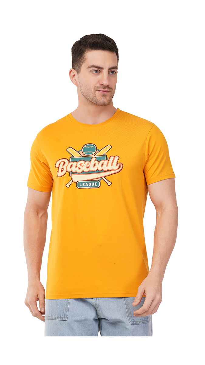 Men's Mustard Yellow Round Neck Slim Fit Printed T-Shirt – Lycra 180 GSM | S, M, L