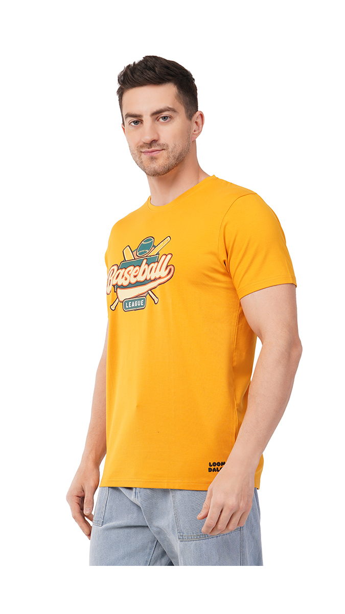 Men's Mustard Yellow Round Neck Slim Fit Printed T-Shirt – Lycra 180 GSM | S, M, L