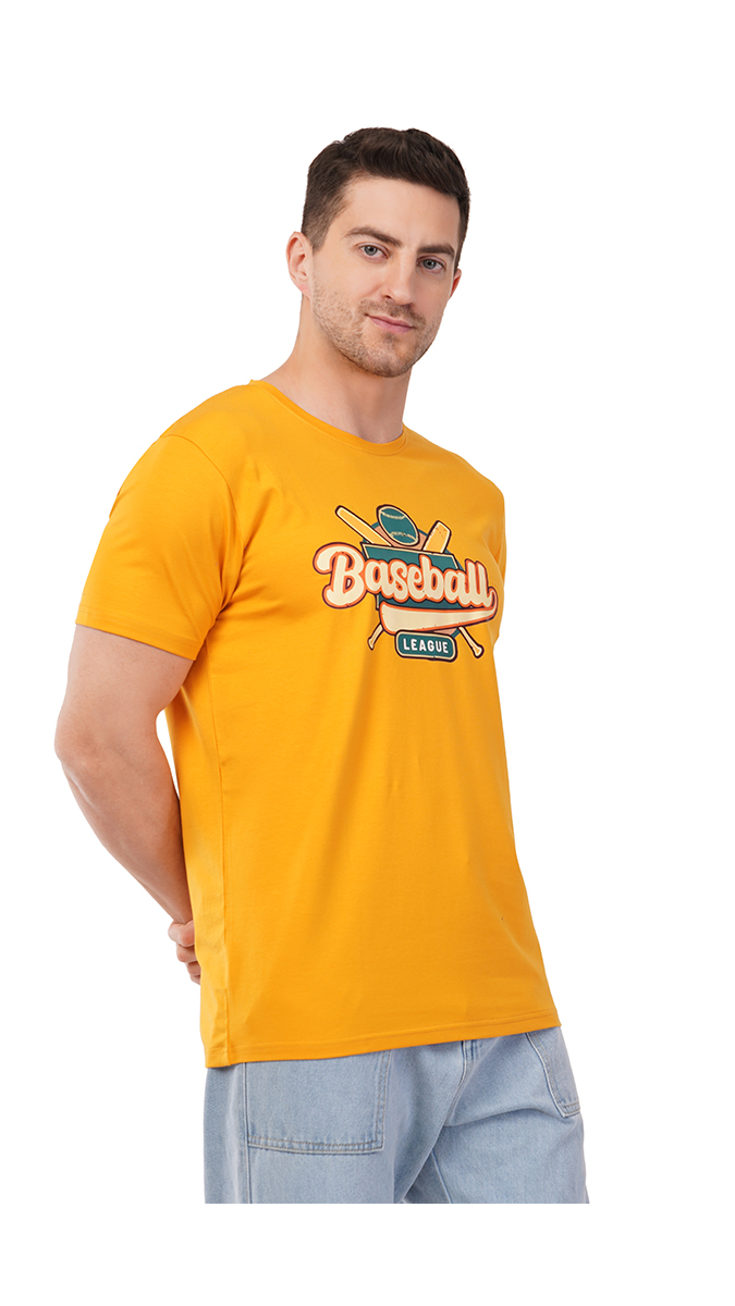 Men's Mustard Yellow Round Neck Slim Fit Printed T-Shirt – Lycra 180 GSM | S, M, L
