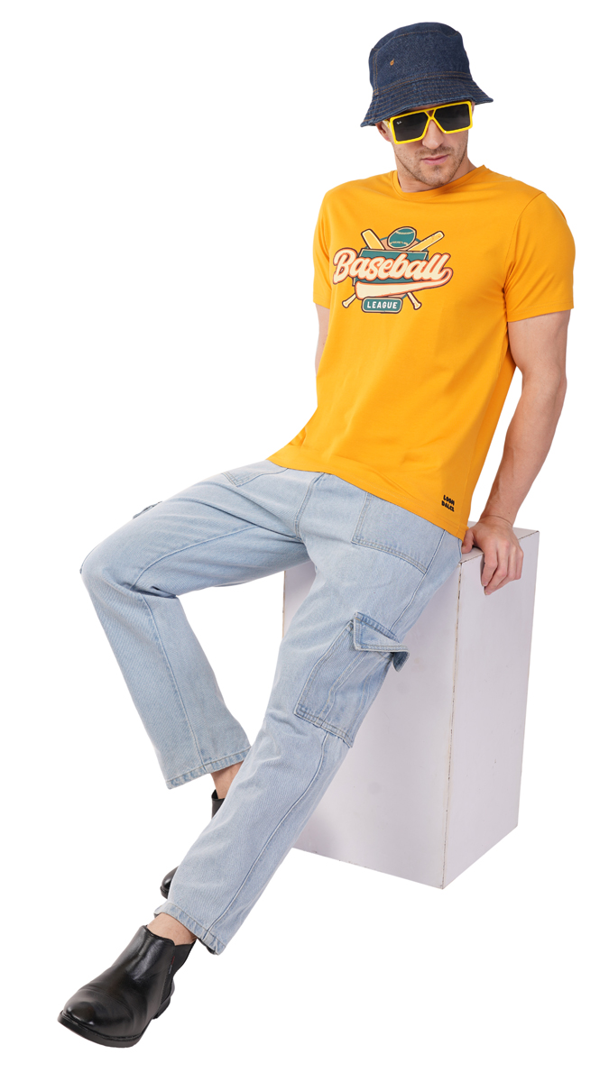 Men's Mustard Yellow Round Neck Slim Fit Printed T-Shirt – Lycra 180 GSM | S, M, L