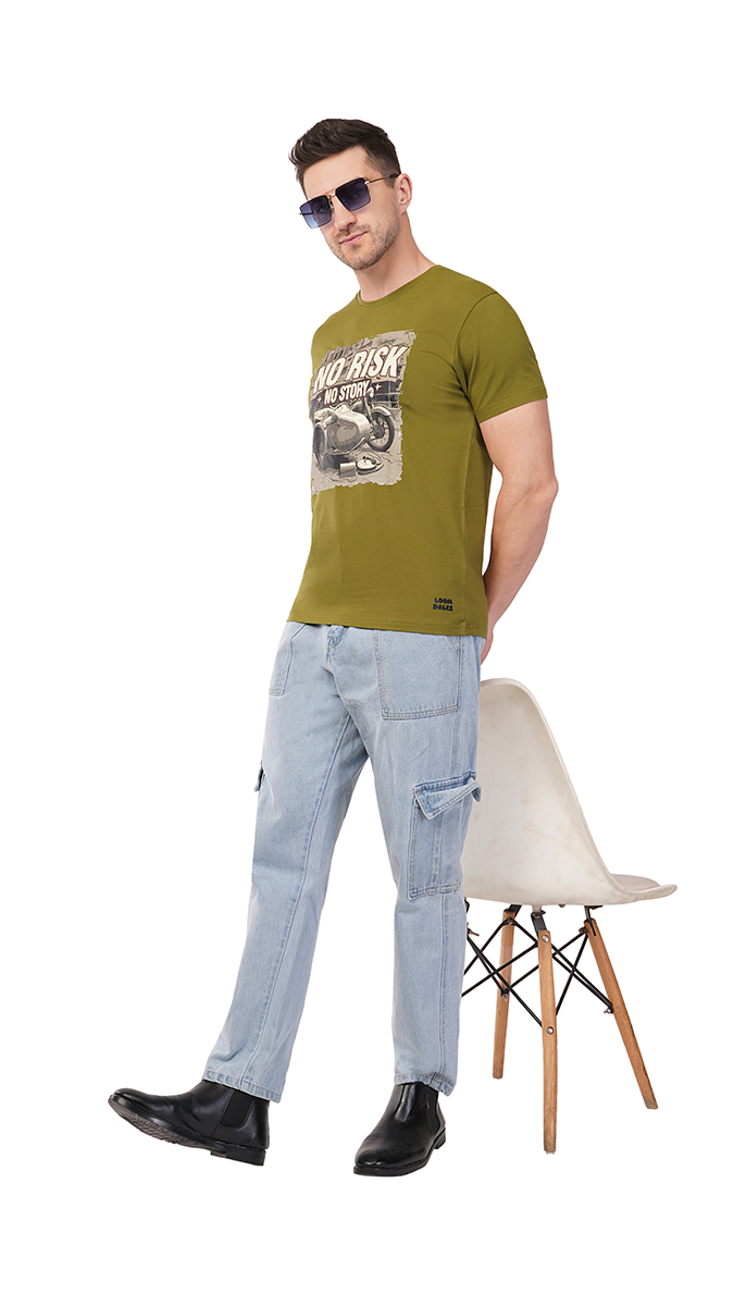 Men's Olive Green Round Neck Slim Fit Printed T-Shirt – Lycra 180 GSM | S, M, L