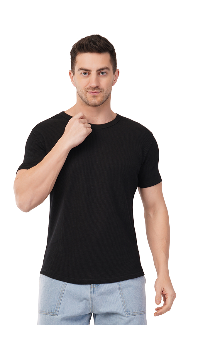 Men's Black Round Neck Waffle T-Shirt – 180 GSM | S, M, L | Soft & Stylish