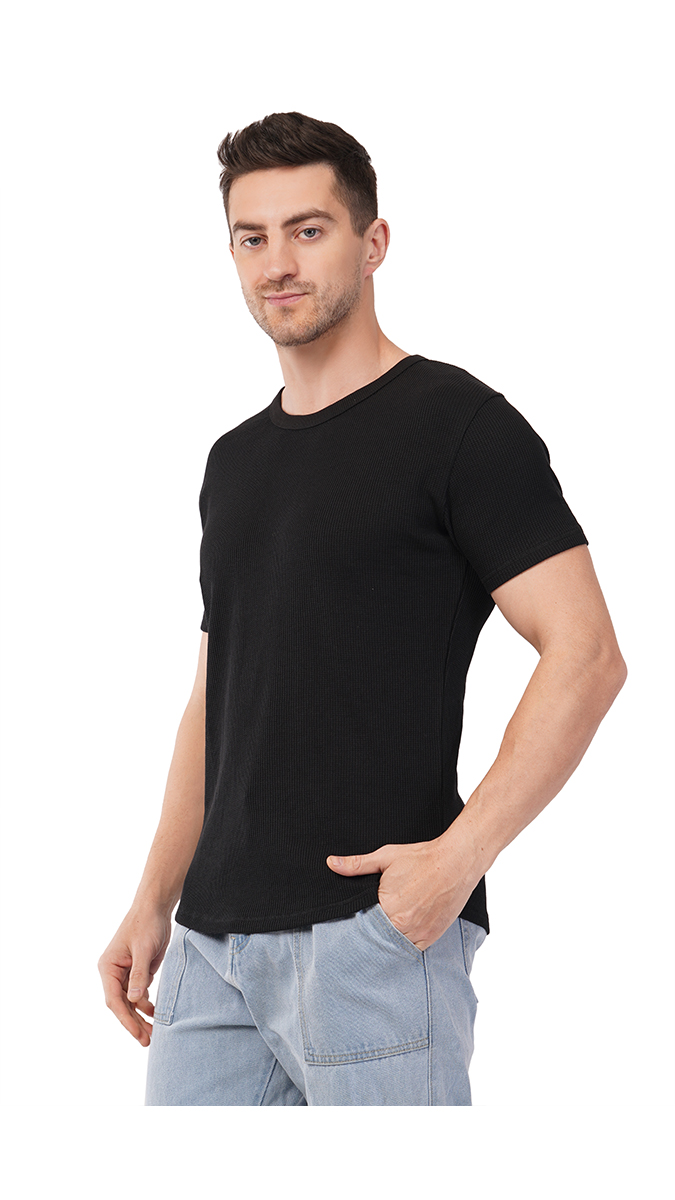 Men's Black Round Neck Waffle T-Shirt – 180 GSM | S, M, L | Soft & Stylish