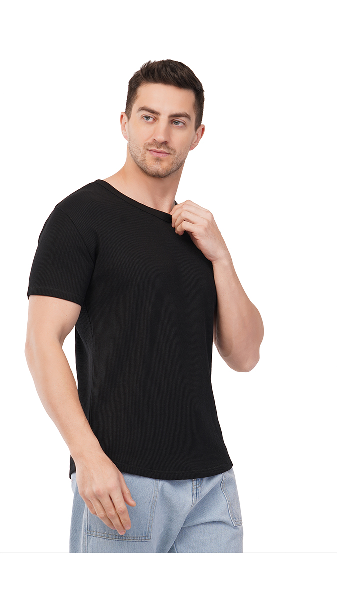 Men's Black Round Neck Waffle T-Shirt – 180 GSM | S, M, L | Soft & Stylish