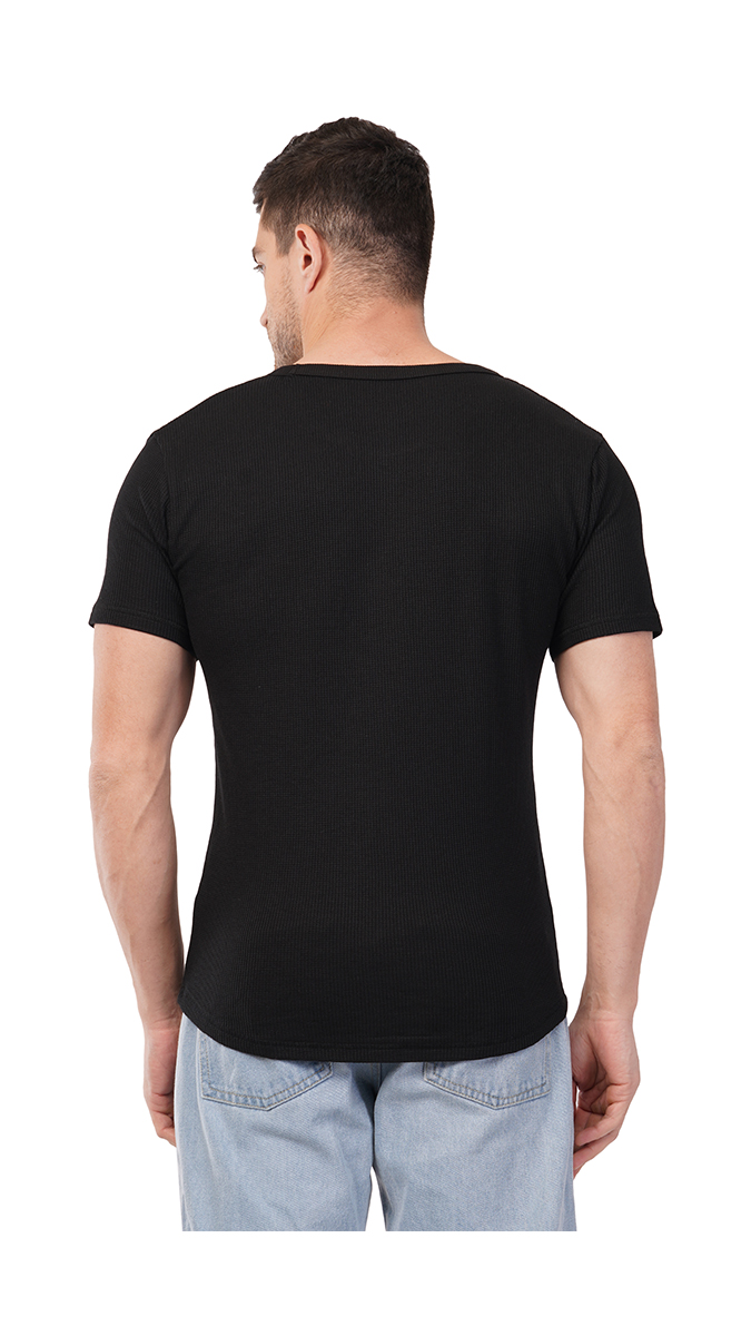 Men's Black Round Neck Waffle T-Shirt – 180 GSM | S, M, L | Soft & Stylish