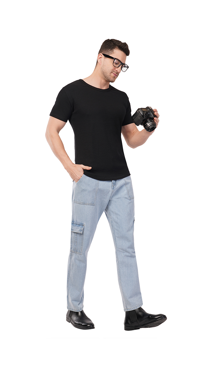 Men's Black Round Neck Waffle T-Shirt – 180 GSM | S, M, L | Soft & Stylish