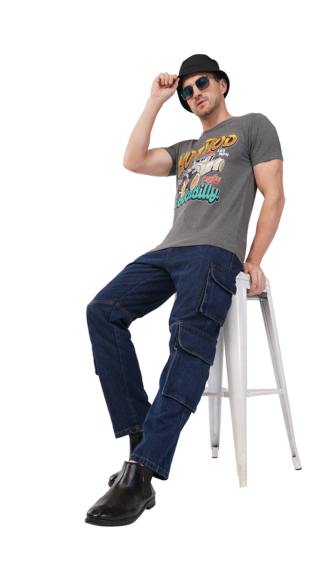 Men's Charcoal Grey Round Neck Slim Fit Printed T-Shirt – Lycra 180 GSM | S, M, L