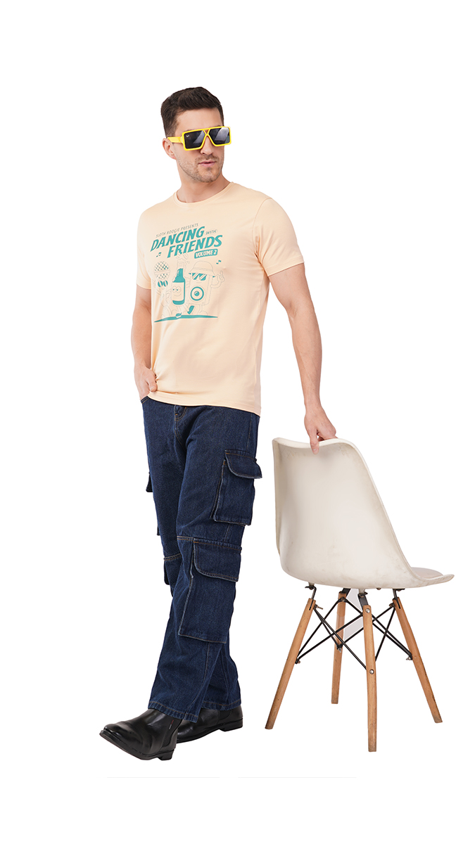 Men's Ivory Round Neck Slim Fit Printed T-Shirt – Lycra 180 GSM | S, M, L