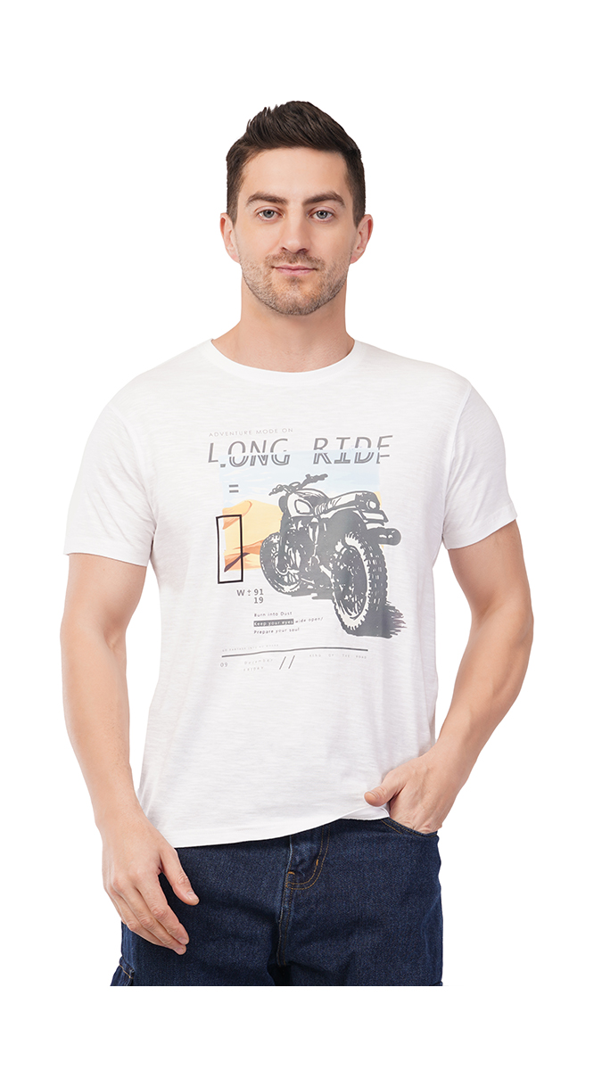 Men's White Round Neck Slim Fit Printed T-Shirt – Slub/Vintage 180 GSM | S, M, L