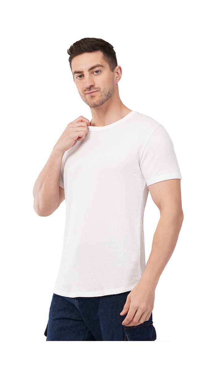 Men's White Round Neck Waffle T-Shirt – 180 GSM | Soft & Stylish | S, M, L