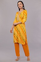 Traditional Bandhani Print Salwar Suit Set, Yellow Orange, Embroidered, 3/4 Sleeve with Dupatta