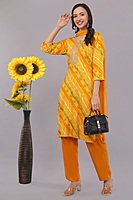Traditional Bandhani Print Salwar Suit Set, Yellow Orange, Embroidered, 3/4 Sleeve with Dupatta