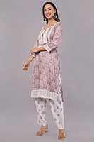 Traditional Embroidered and printed Salwar Suit Set, Mauve Pink with White Lace, Cotton