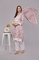 Traditional Embroidered and printed Salwar Suit Set, Mauve Pink with White Lace, Cotton