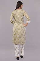 Traditional Salwar Suit Set, Olive Green with White Embroidery, Long Sleeves, Cotton pants