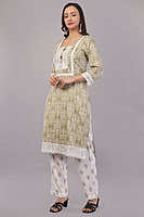 Traditional Salwar Suit Set, Olive Green with White Embroidery, Long Sleeves, Cotton pants