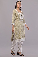 Traditional Salwar Suit Set, Olive Green with White Embroidery, Long Sleeves, Cotton pants