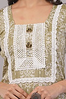 Traditional Salwar Suit Set, Olive Green with White Embroidery, Long Sleeves, Cotton pants