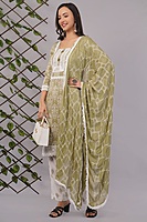Traditional Salwar Suit Set, Olive Green with White Embroidery, Long Sleeves, Cotton pants