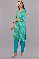 Traditional Bandhani Print Salwar Suit, Turquoise and Green, Embellished Neck, 3-Piece Set with Dupatta