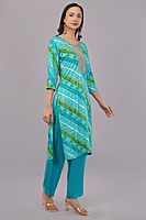 Traditional Bandhani Print Salwar Suit, Turquoise and Green, Embellished Neck, 3-Piece Set with Dupatta