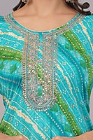 Traditional Bandhani Print Salwar Suit, Turquoise and Green, Embellished Neck, 3-Piece Set with Dupatta