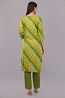 Bandhani Print Cotton Salwar Suit Set, Green and Yellow, Traditional Embroidered Kurta with Pants and Dupatta