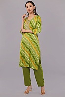 Bandhani Print Cotton Salwar Suit Set, Green and Yellow, Traditional Embroidered Kurta with Pants and Dupatta