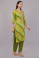 Bandhani Print Cotton Salwar Suit Set, Green and Yellow, Traditional Embroidered Kurta with Pants and Dupatta