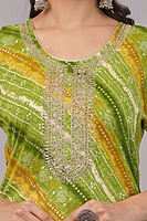 Bandhani Print Cotton Salwar Suit Set, Green and Yellow, Traditional Embroidered Kurta with Pants and Dupatta