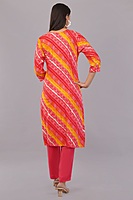 Women's Bandhani Print Salwar Suit Set, Red and Yellow, 3/4 Sleeve Kurta with Pants and Dupatta