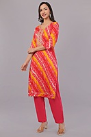 Women's Bandhani Print Salwar Suit Set, Red and Yellow, 3/4 Sleeve Kurta with Pants and Dupatta