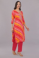 Women's Bandhani Print Salwar Suit Set, Red and Yellow, 3/4 Sleeve Kurta with Pants and Dupatta