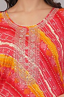 Women's Bandhani Print Salwar Suit Set, Red and Yellow, 3/4 Sleeve Kurta with Pants and Dupatta