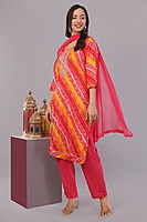 Women's Bandhani Print Salwar Suit Set, Red and Yellow, 3/4 Sleeve Kurta with Pants and Dupatta