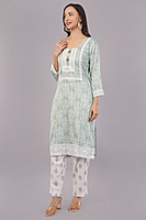 Women's Traditional Salwar Kameez Set, Mint Green Floral Print with White Lace, 3 Piece Suit with Dupatta