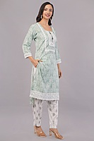 Women's Traditional Salwar Kameez Set, Mint Green Floral Print with White Lace, 3 Piece Suit with Dupatta